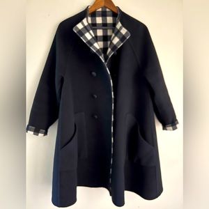 Akris wool black/white checkerboard reversible collarless coat, pockets, size 4